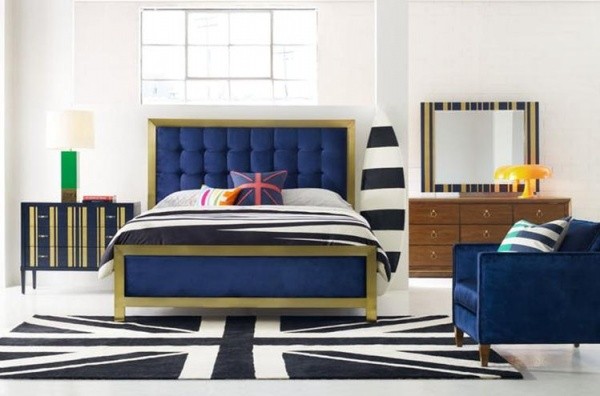 luxury home furniture bedroom with blue, white and gold colors with blue and gold bed, blue chair and blue and gold nightstand