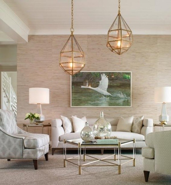 luxury living room featuring white furniture, hexagon table, and swan painting
