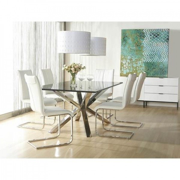 luxury dining room with metal table and six white leather and metal chairs