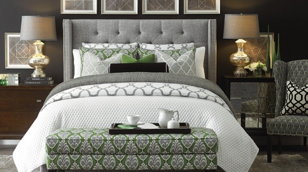 luxury home furniture master bedroom with white, grey, and green color scheme
