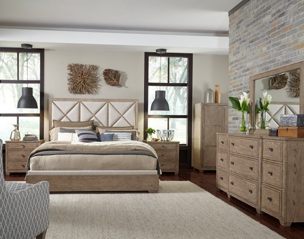 luxury home furniture master bedroom with tan and blue color scheme with light brown furniture