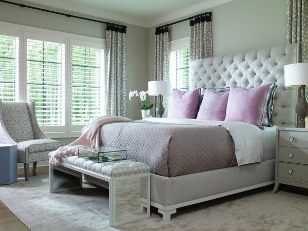 luxury home furniture master bedroom with grey and purple scheme with light green accents