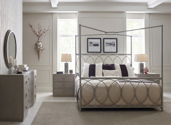 luxury home furniture master bedroom with modern metal canopy bed and grey color scheme