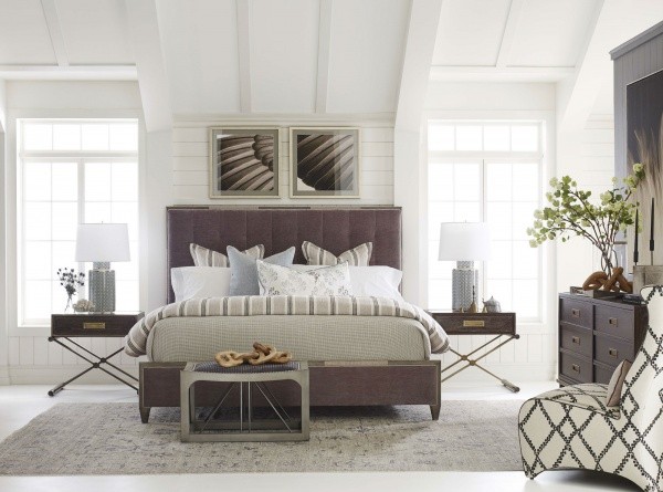 luxury home furniture master bedroom with grey and purple color scheme including dark wood furniture