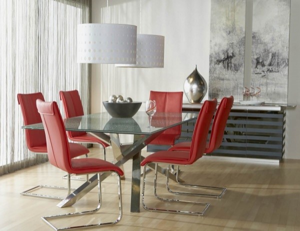 luxury dining room with modern metal and glass top table with red and metallic silver chairs