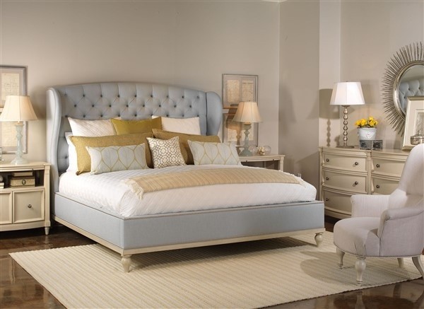luxury home furniture master bedroom with light blue, gold and white color plan, with cream dresser and night stands