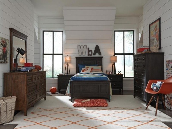 luxury finished interior bedroom with wooden furniture and white, blue and orange color scheme