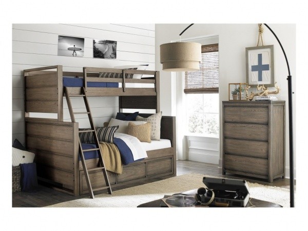 luxury finished interior bedroom with wooden bunk beds with blue, gold, and white accents