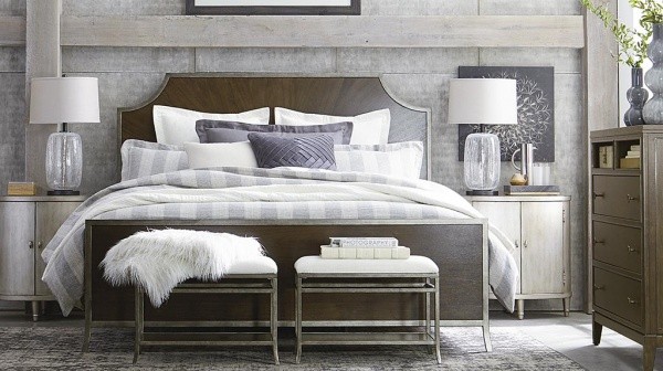 luxury home furniture master bedroom with wooden bed frame and dresser with white, grey, and blue color scheme