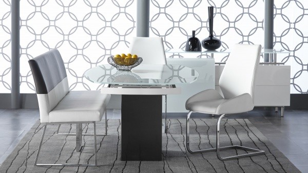 luxury dining room with black and white table with glass top with white chair and white bench seating