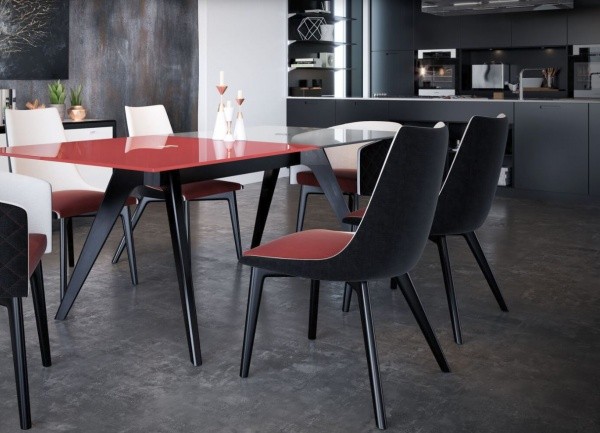 luxury dining room with modern red and black table with six red, black and white chairs