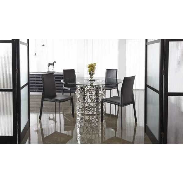luxury dining room with modern round metal table with glass top and four black chairs