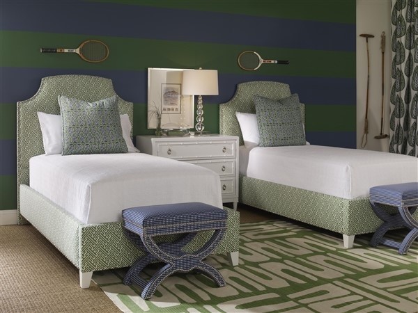 luxury finished interior bedroom with green, white, and blue colors with a tennis theme