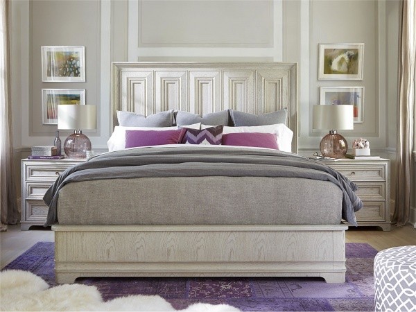 luxury home furniture master bedroom with grey and purple color scheme with purple accents and grey furniture