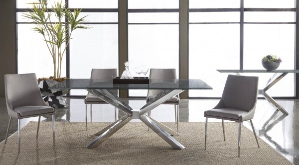 luxury dining room with grey and metal table with four short grey chairs