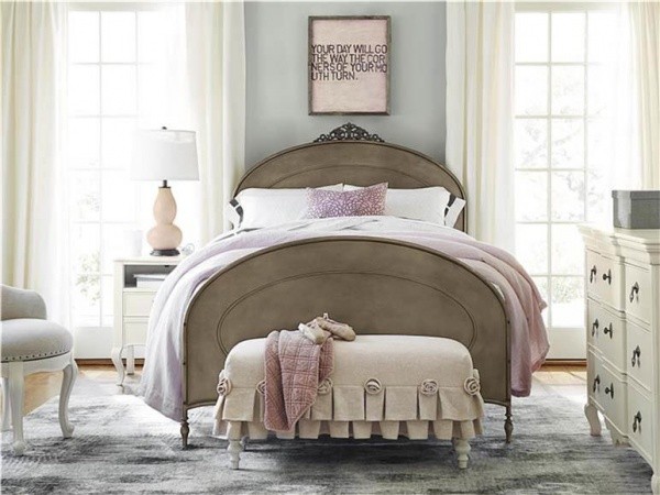 luxury finished interior bedroom with brown and grey color scheme with single bed with white and purple bedding and off white furniture
