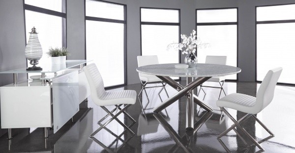 luxury dining room with round dining room table with modern design and modern white leather chairs