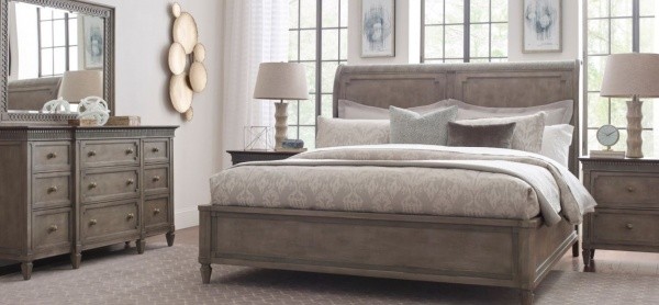 luxury home furniture master bedroom with grey wooden color scheme with grey bed, grey nightstands and grey dresser