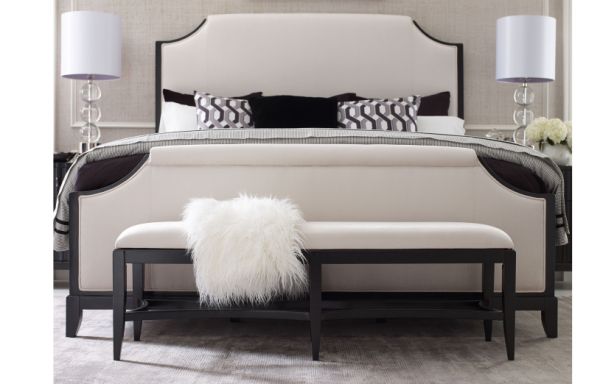 luxury home furniture bedroom with white, grey and black color scheme including white and black bed with white lamps