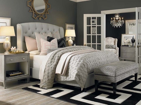 luxury home furniture master bedroom with grey, pink, and white color scheme including grey furniture and accents