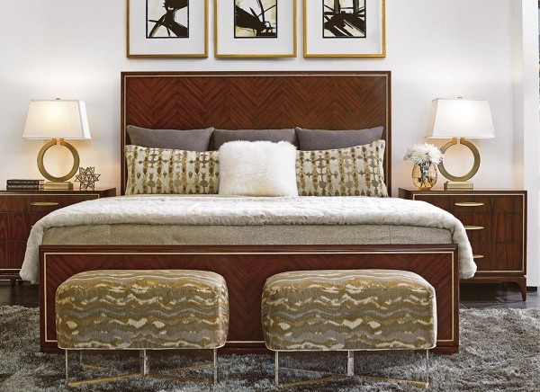 luxury home furniture master bedroom with dark wood bed frame and nightstands with green patterned accents