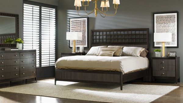 luxury home furniture with black and brown color scheme with black and brown wood furniture and cream colored bedding